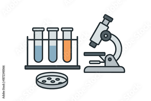 Laboratory setup with test tubes, microscope, and petri dish for scientific experiments