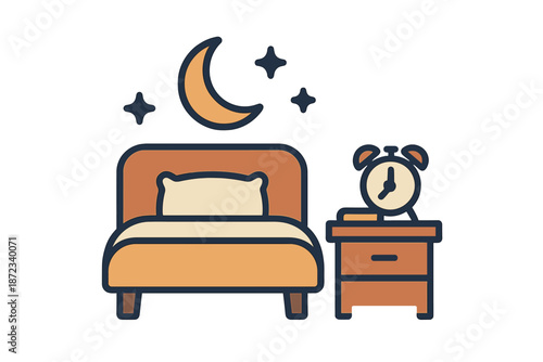 Cozy bedroom scene with a bed, clock, and a crescent moon decoration at night
