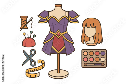 Crafting a costume with sewing tools, makeup, and accessories displayed for a creative project in a workspace