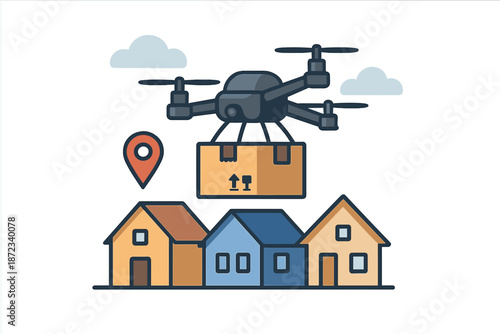 Delivery drone carrying package over houses with location pin in a neighborhood setting