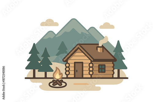 Log cabin in a forest with a campfire and mountains in the background during daylight hours