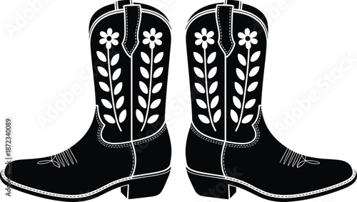 Western cowboy boots silhouette with floral embroidery decorative folk pattern traditional leather footwear isolated on white background vector illustration