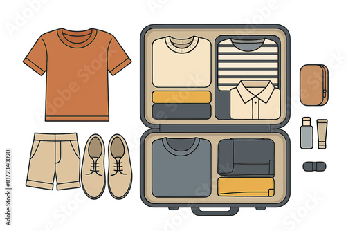 Packing clothes and items in a travel suitcase for a short trip or vacation in warm weather