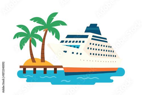 Cruise ship docked by palm trees near sandy beach in tropical setting during sunny day
