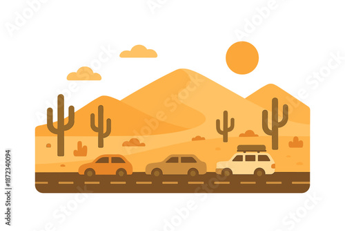 Cars driving on a road through a desert landscape with mountains and a setting sun in the background
