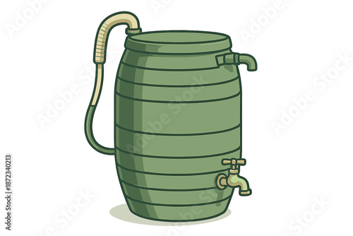 Green barrel with a tap and hose for water storage and distribution in a garden or outdoor setting