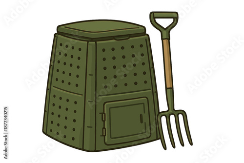 Compost bin and garden fork placed together near a garden setting in a backyard space for waste recycling
