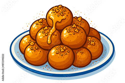 Sweet dessert made from fried dough balls and syrup served on a plate