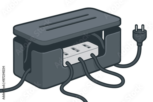 Power strip organizer with plugged cables and power cord on a simple surface