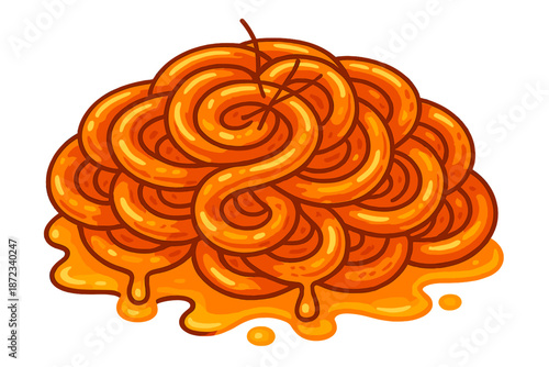Swirling orange candy sits on a surface creating a fun shape and bright color in a playful setting