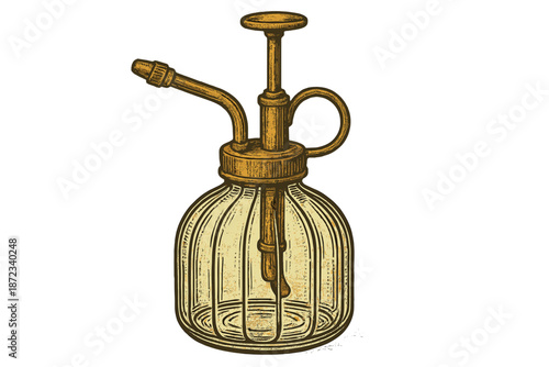 Vintage glass spray bottle with metal nozzle is placed on a white background showing its design and shape