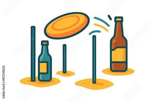 Frisbee game takes place on the sand with bottles set up as targets in an outdoor setting