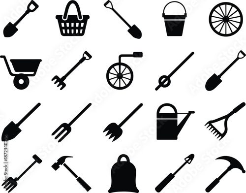 Gardening tools silhouette icon set with shovel rake bucket wheelbarrow watering can farm equipment isolated on white