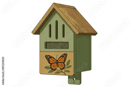 Colorful birdhouse with butterfly design hanging on a wall in a garden setting during daytime