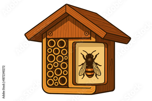 Wooden bee house with bee illustration and round holes for nesting in a garden or outdoor area during daytime