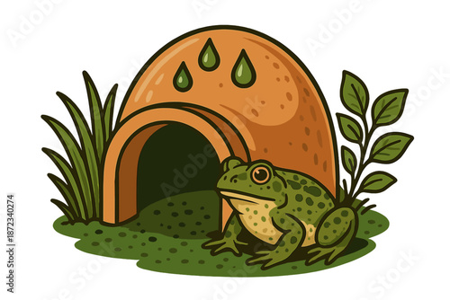 Frog sitting outside its shelter by grass and plants on a sunny day