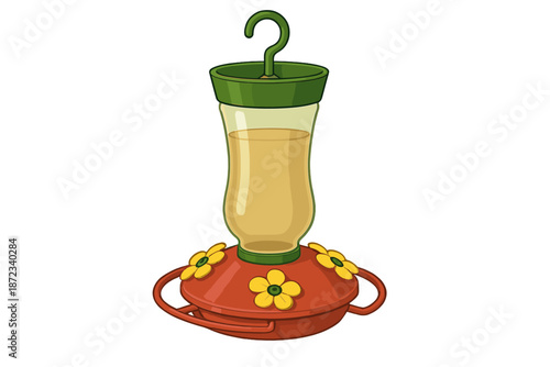 Bright feeder filled with food for birds hanging in a garden during sunny daytime