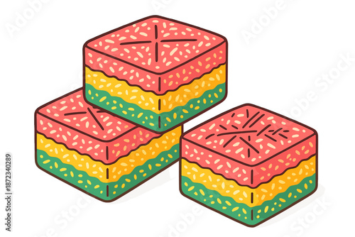 Colorful layered sweets stacked on a table with a simple design and bright colors to attract attention