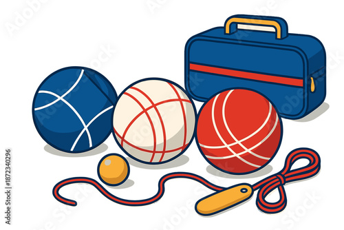 Set of colorful balls with carrying bag and rope on a simple background for playtime or sports activities