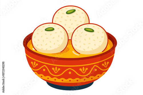 Round sweets in a bowl with a yellow sauce and green garnish on top served on a decorative plate in a lively setting