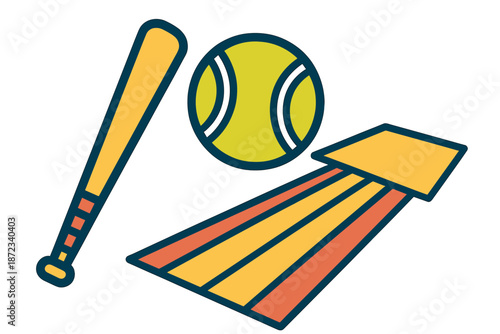 Sports equipment including a bat, ball, and playing surface for games like baseball and tennis on a light background