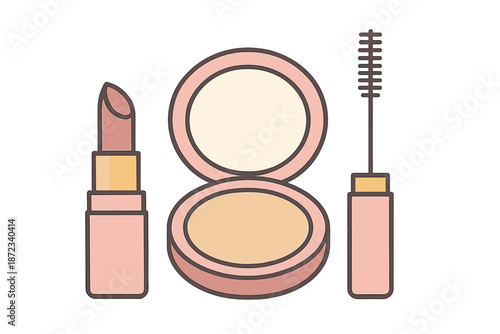 Makeup items displayed on a flat surface with focus on lipstick, compact powder, and mascara for beauty routines and applications