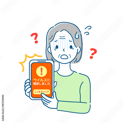 スマートフォンでネット詐欺に困惑するお年寄り女性のイラスト