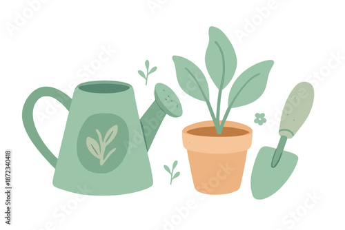 Watering can and garden tools next to potted plant with green leaves during gardening activity