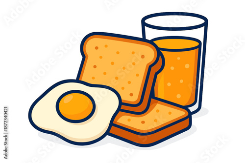 Breakfast meal with toast, fried egg, and a glass of orange juice served on a white background