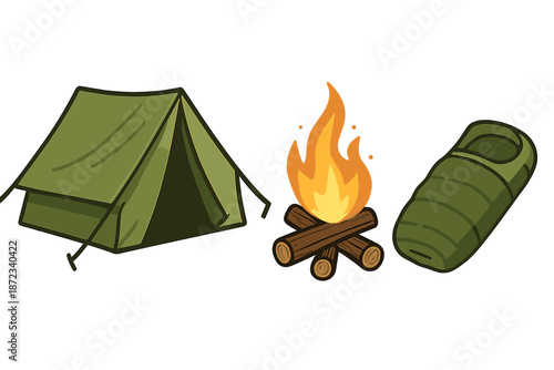 Camping setup with tent, campfire, and sleeping bag in a natural outdoor setting during daytime