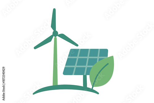 Wind turbine and solar panel symbols with green leaf on simple background representing clean energy concepts