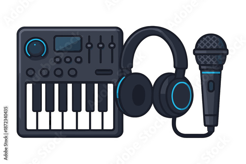 Mixing music with keyboard, headphones, and microphone in a studio setup for audio production and recording sessions