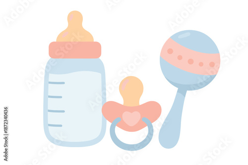 Baby bottle, pacifier, and rattle sit on a plain background in a simple layout during a bright day