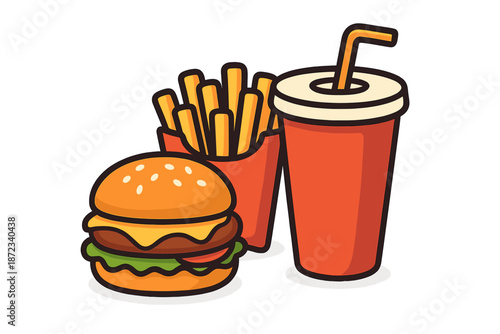 Fast food meal with burger, fries, and drink on simple background during lunch time in casual setting