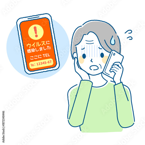 スマートフォンでネット詐欺に引っかかるお年寄り女性のイラスト