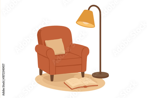 Cozy reading nook with armchair and floor lamp inviting relaxation and enjoyment of books during quiet evenings