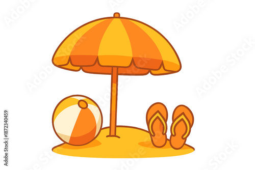 Colorful beach scene with umbrella, flip flops, and beach ball during summer day