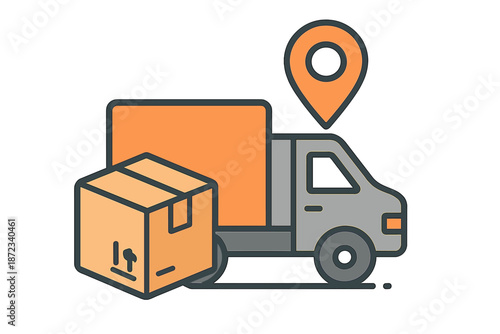 Delivery truck with a package outside a location marked on a map pin in a simple design style