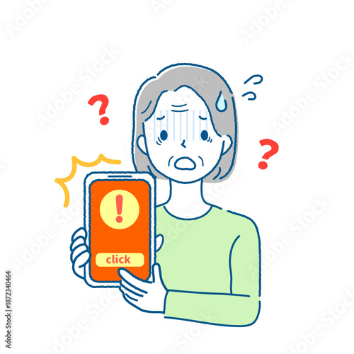 スマートフォンでネット詐欺に困惑するお年寄り女性のイラスト