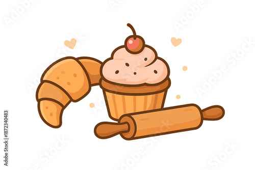 Cupcake and croissant with rolling pin on white background during dessert preparation in a kitchen