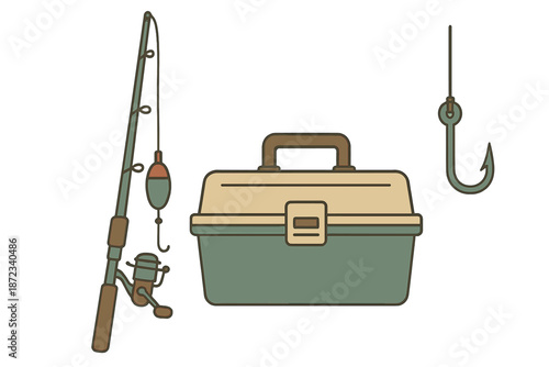 Fishing gear with a tackle box, rod, and hook arranged for a fishing trip in nature