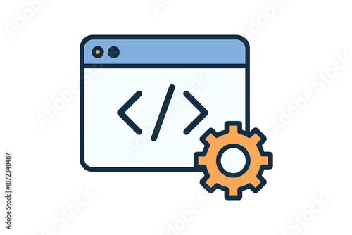 Design of a web page with coding symbols and a gear icon used for settings and adjustments in a software context