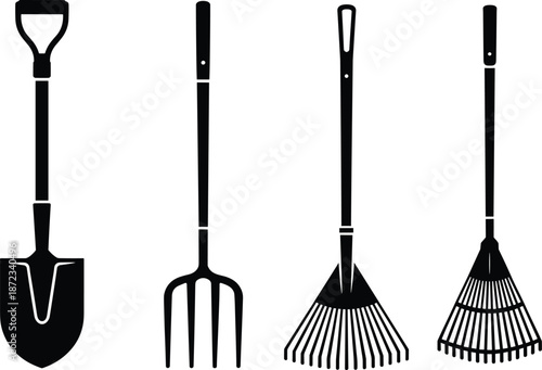 Garden tools silhouette set including shovel, pitchfork and rakes, black minimalist vector illustration of gardening equipment isolated on white background