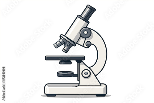 Close view of a microscope on a white background for science and biology research in a lab or classroom setting