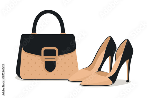 Stylish handbag and high heel shoes on a simple background showing a classic fashion look for women