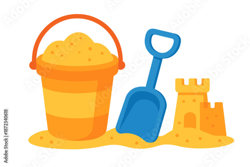 Building sandcastles at the beach with a bucket and shovel during a sunny day