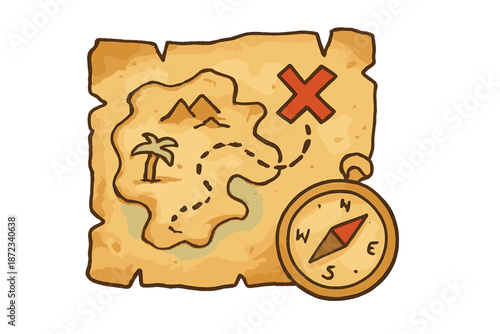 Treasure map shows path with compass and marked location for searching treasure on an unknown island