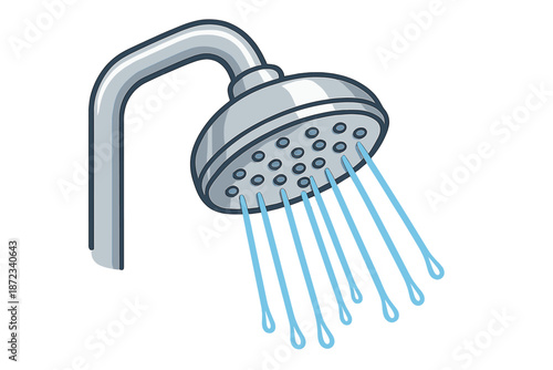 Shower head spraying water in a bathroom setting with visible water streams in an indoor space