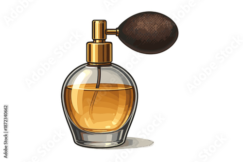 Vintage perfume bottle with a hand pump, showing rich color and classic design in a simple setting