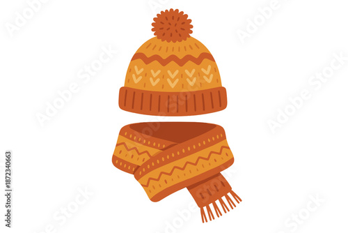 Warm hat and scarf set in orange and yellow colors for cold weather activities